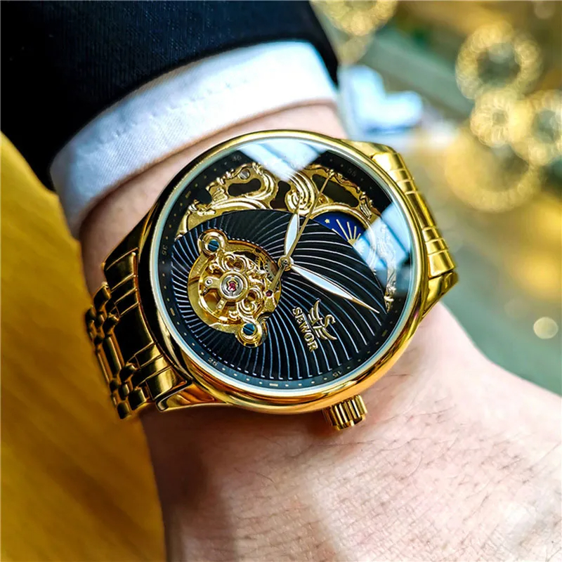 Luxury Gold Skeleton Men's Watch Retro Tourbillon Mechanical Automatic Moon Phase Stainless Steel