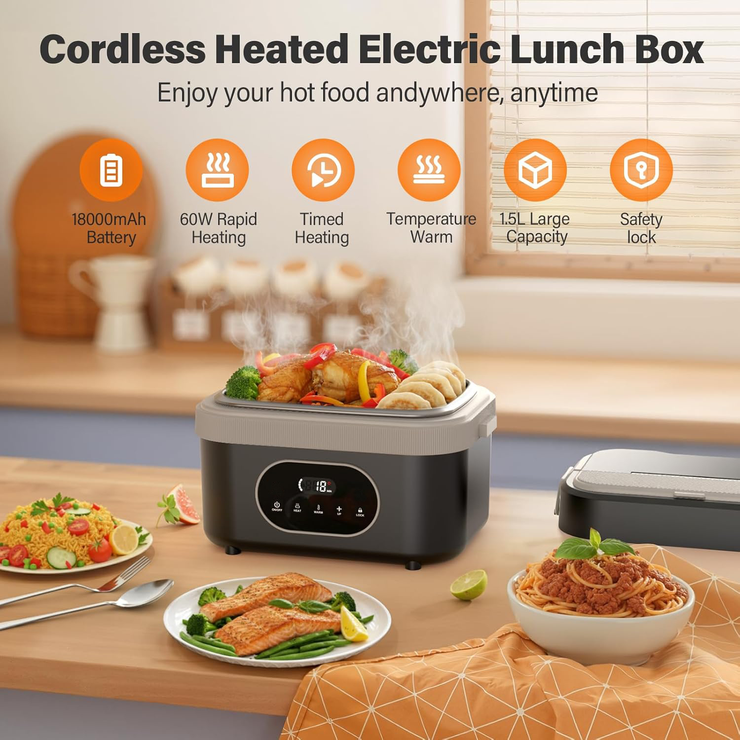 Electric Lunch Box, Self-Heating Food Container, Portable Cordless Heated Lunch