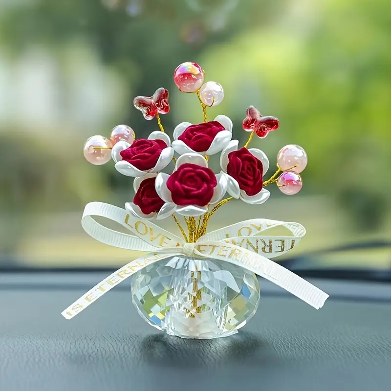Crystal Glass Rose Dashboard Ornament - Elegant Decor for Home Bedroom Car, Perfect Holiday Gift for Christmas.