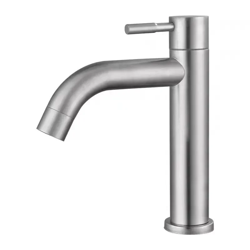 Stainless Steel Basin Faucet Modern Single Cold Water Tap in Black Silver Color Deck Mounted, Lengthened & Raised.