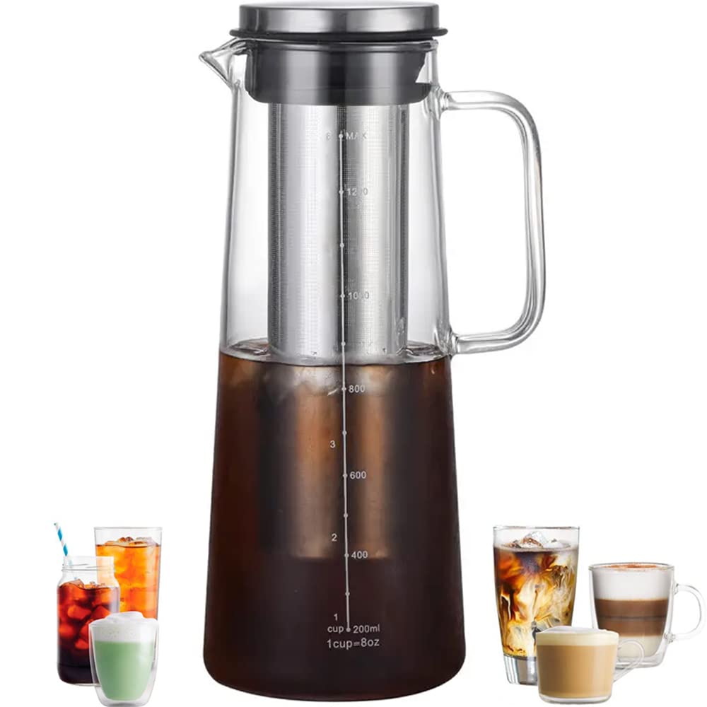 Airtight Cold Brew Iced Coffee Maker & Tea Infuser Glass Carafe with Removable Stainless Steel Filter