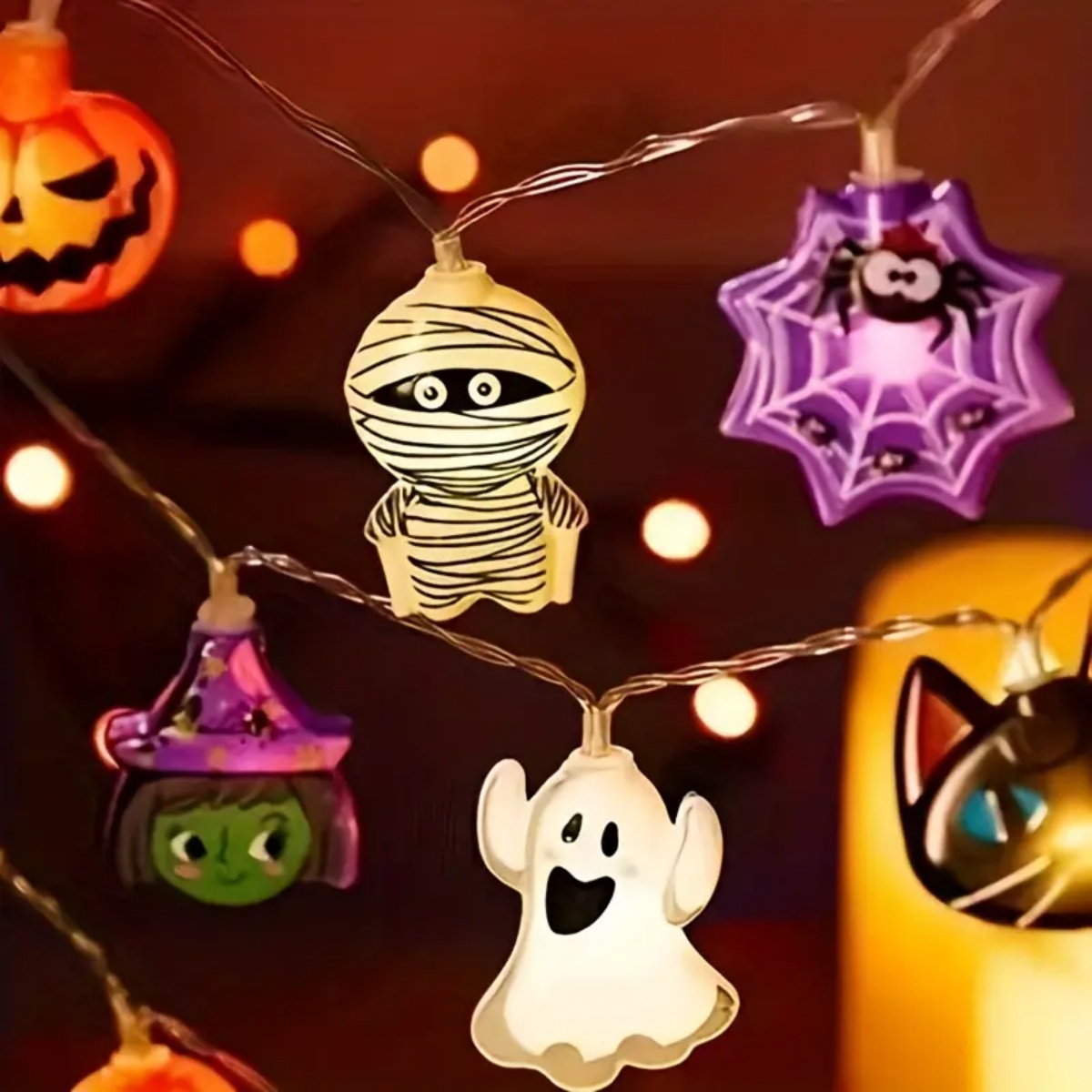 Halloween LED String Lights Battery Powered, Ghost, Witch, Cat, Pumpkin, Spider Web, Skeleton, Mummy, Pirate Shapes.