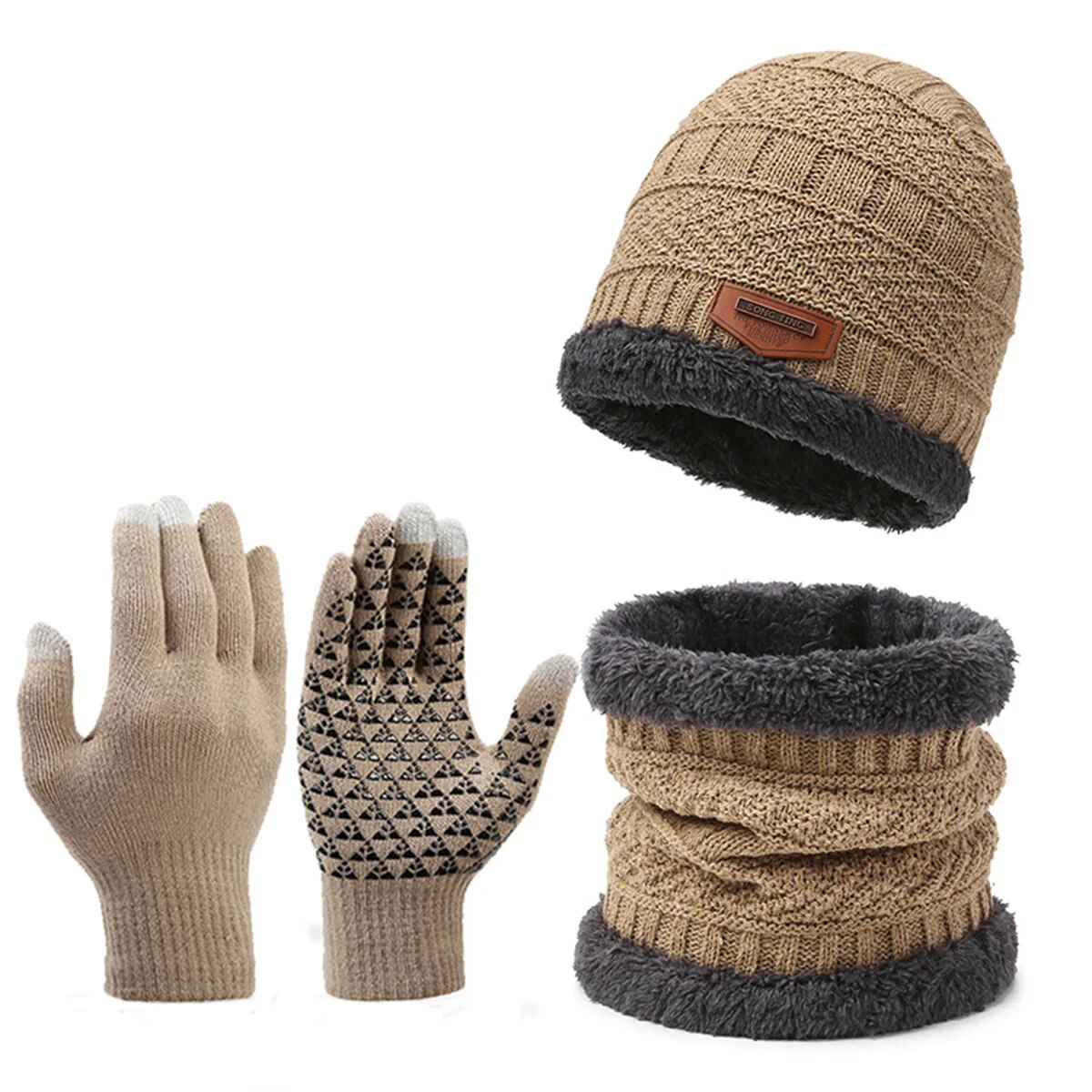 Mens Windproof Hat, Outdoor Winter Scarf & Gloves Set with Cashmere Insulated Knit Hat for Cold Weather