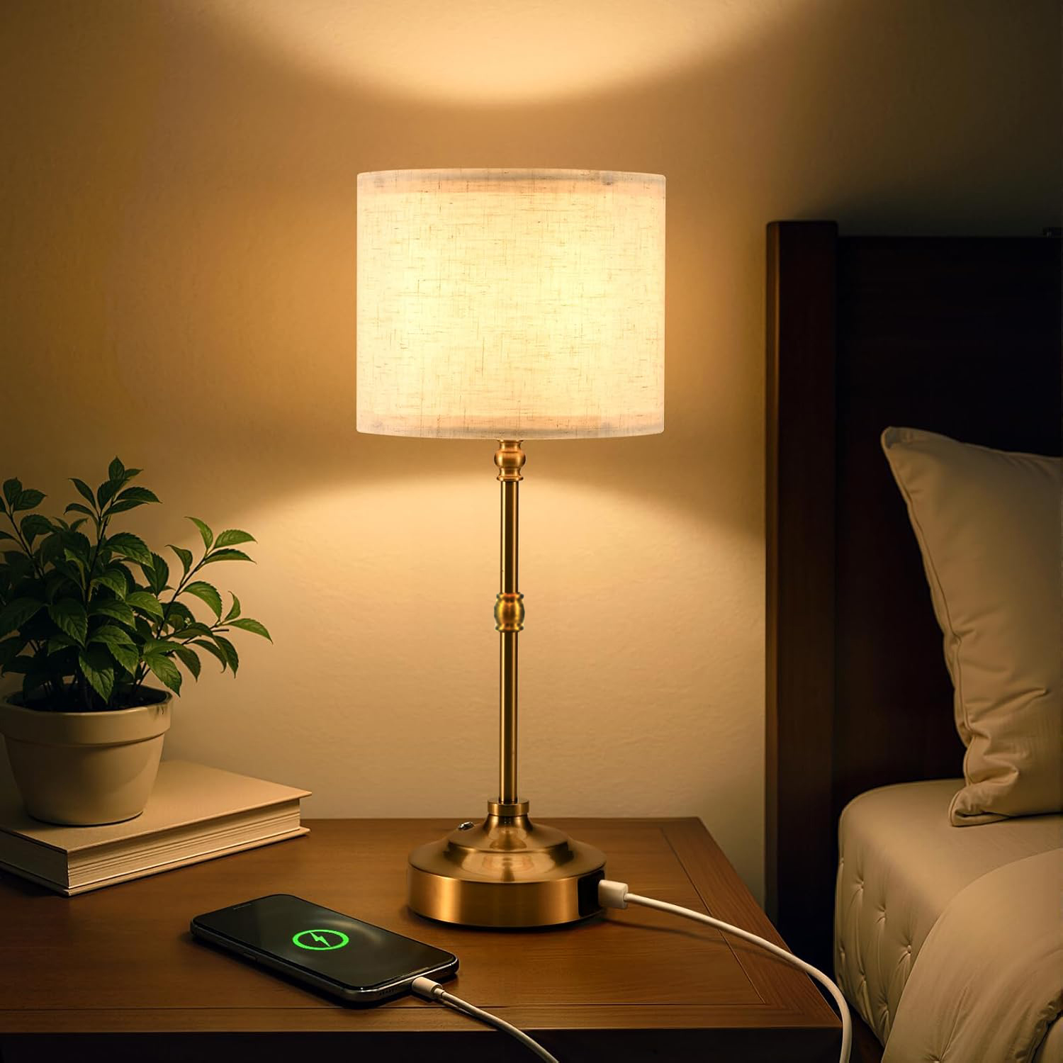 Rechargeable Cordless Table Lamp Touch Dimmable Fabric Bedside Lamp for Bedroom Living Room