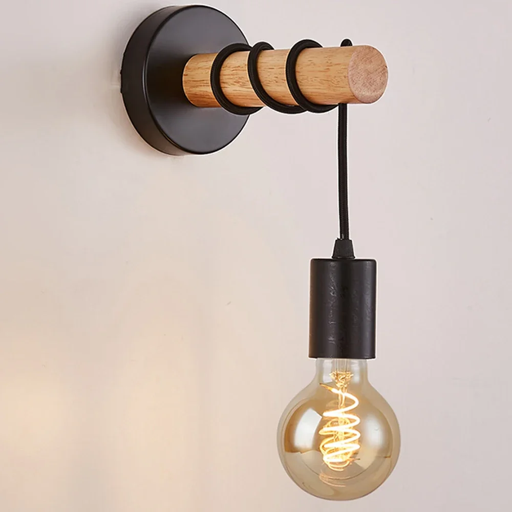 Rustic Wood Wall Lamp Vintage Wall Sconce with Socket for Bedroom Bedside Dining Room Decor