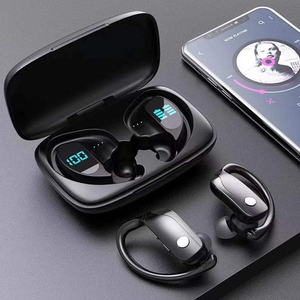 Wireless Bluetooth Earbuds with Playtime LED Display Sport Headphones black