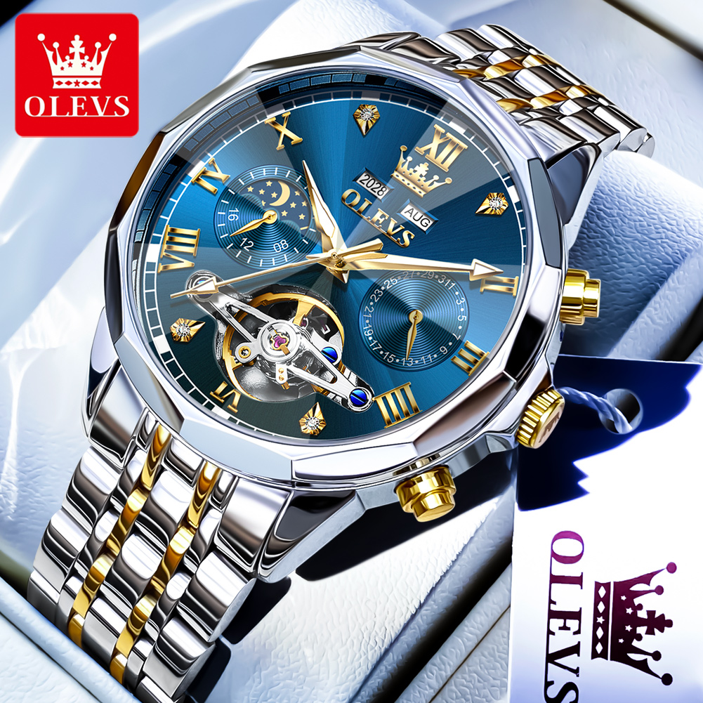 Luxury Mens Automatic Skeleton Watch with Moon Phase and Stainless Steel Bracelet