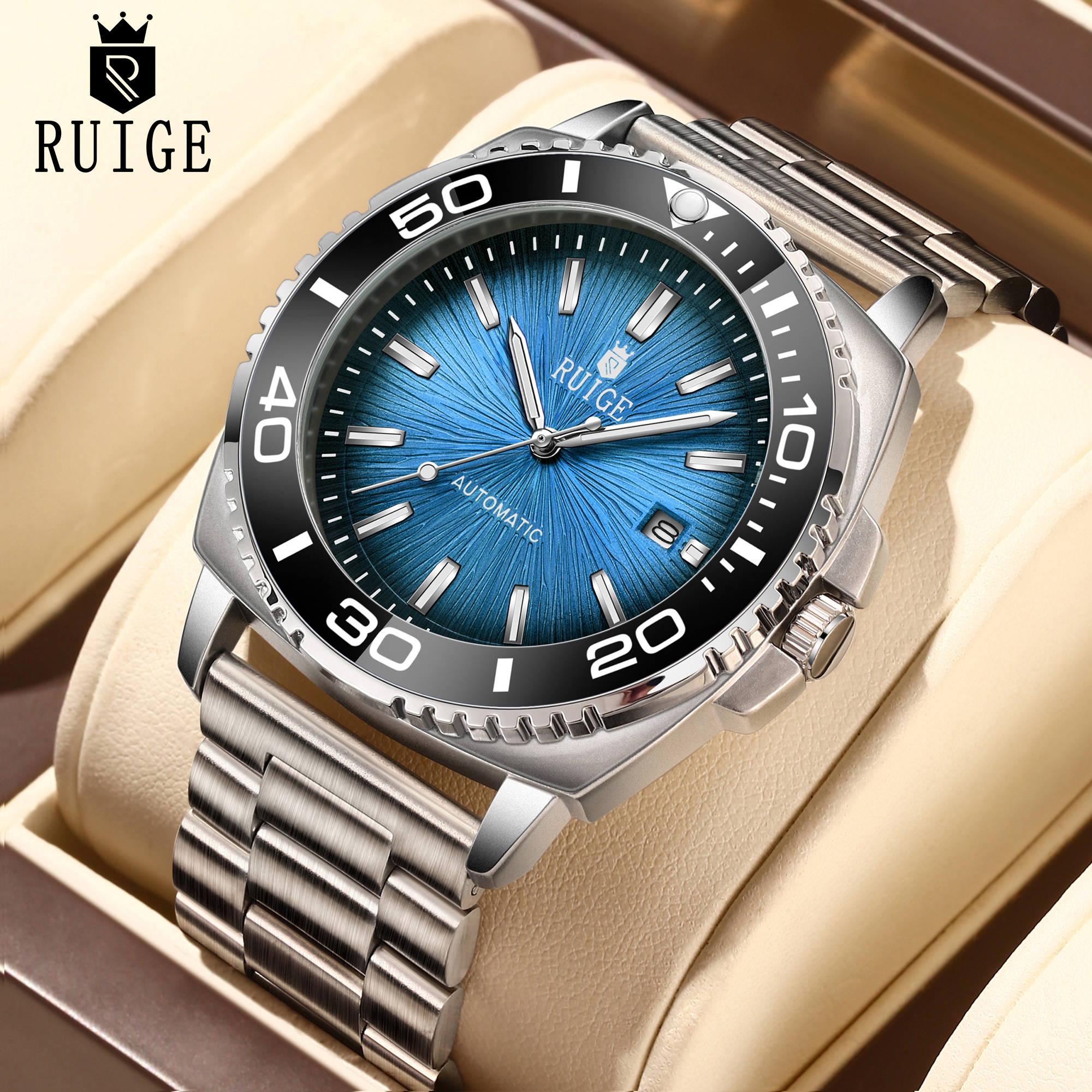 Mens Automatic Mechanical Watch Stainless Steel Calendar Waterproof Luxury Wristwatch