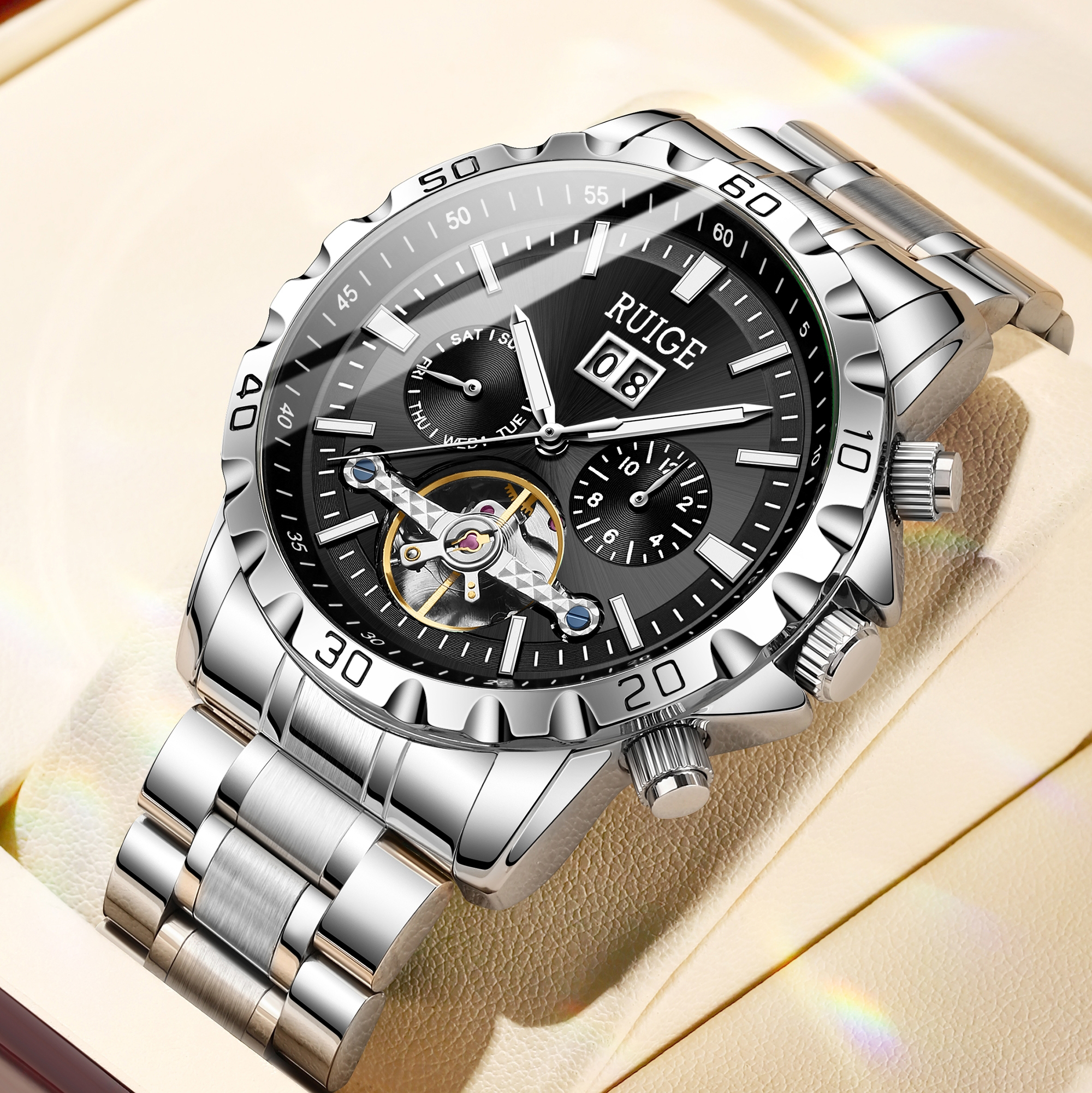 Luxury Stainless Steel Mens Watch with Calendar Moon Phase Design