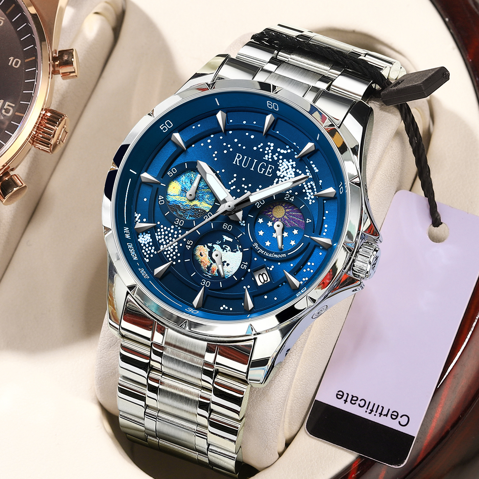 Star Sea Multifunctional Luminous Quartz Watch Sun Moon Star Design Waterproof Business Watch