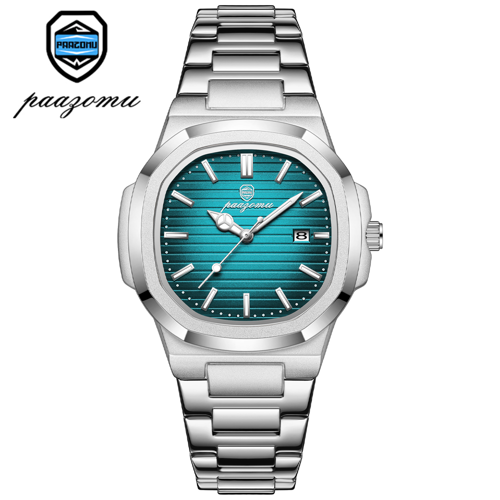 Luxury Square Mens Stainless Steel Quartz Watch with Date and Luminous Display