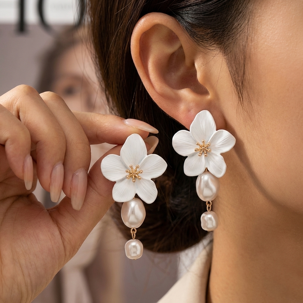 Korean Pearl Flower Dangle Earrings Elegant White Floral Drop Earrings for Women