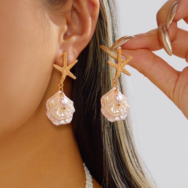 Bohemian Starfish Seashell Dangle Earrings with Pearl Rhinestone Beach Jewelry for Women