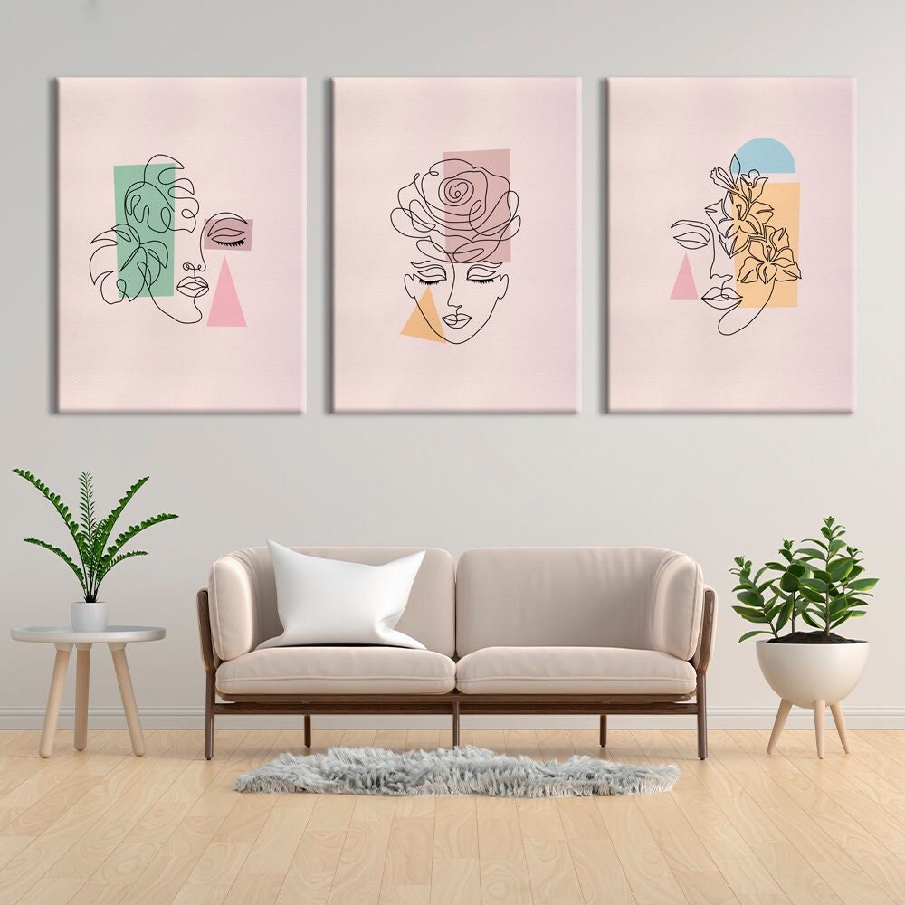 Female body line 3 piece wall art print Face line art woman | Inspire ...