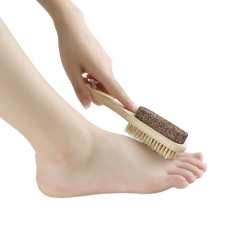 SpaSmooth Wooden Foot Scrubber Brush with Volcanic Stone & Natural Bristles