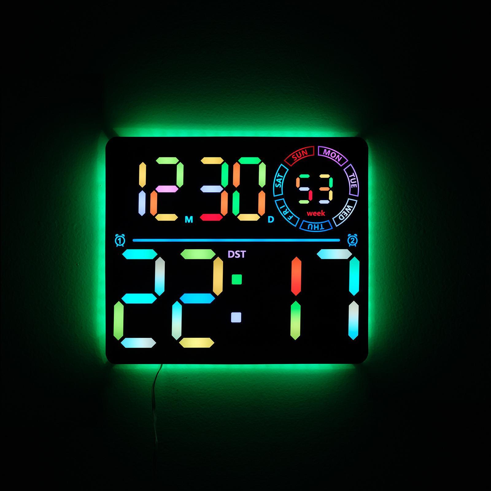 RGB Digital Wall Clock with Large LED Display, Dual Alarm & Smart Timer