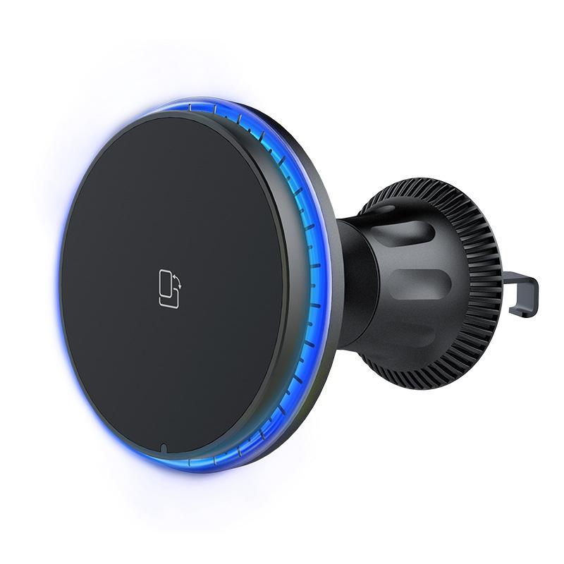 15W Magnetic Wireless Car Charger MagSafe Car Mount Phone Holder with 360 Degree Rotation and Ambient Light