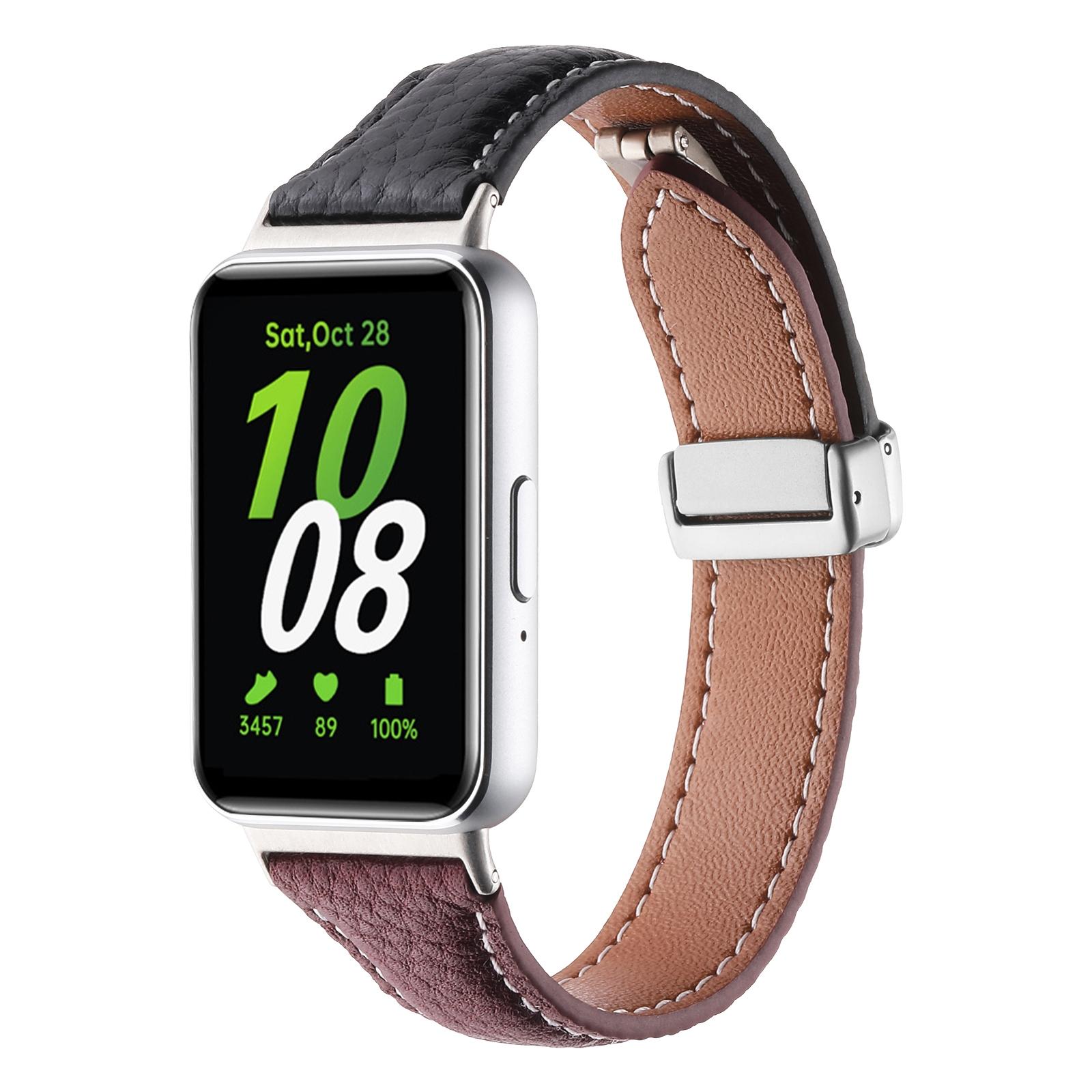 Samsung Galaxy Fit 3 Leather Watch Band Magnetic Buckle Slim Replacement Strap with Litchi Texture
