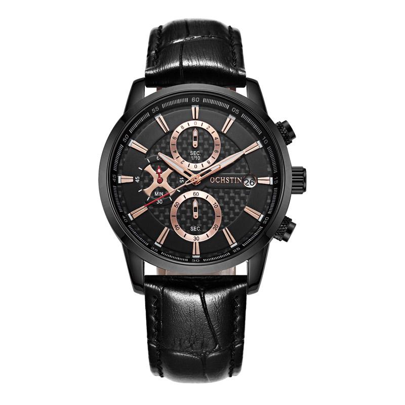 OCHSTIN 6085B Mens Quartz Watch Waterproof Genuine Leather Business Wrist Watch