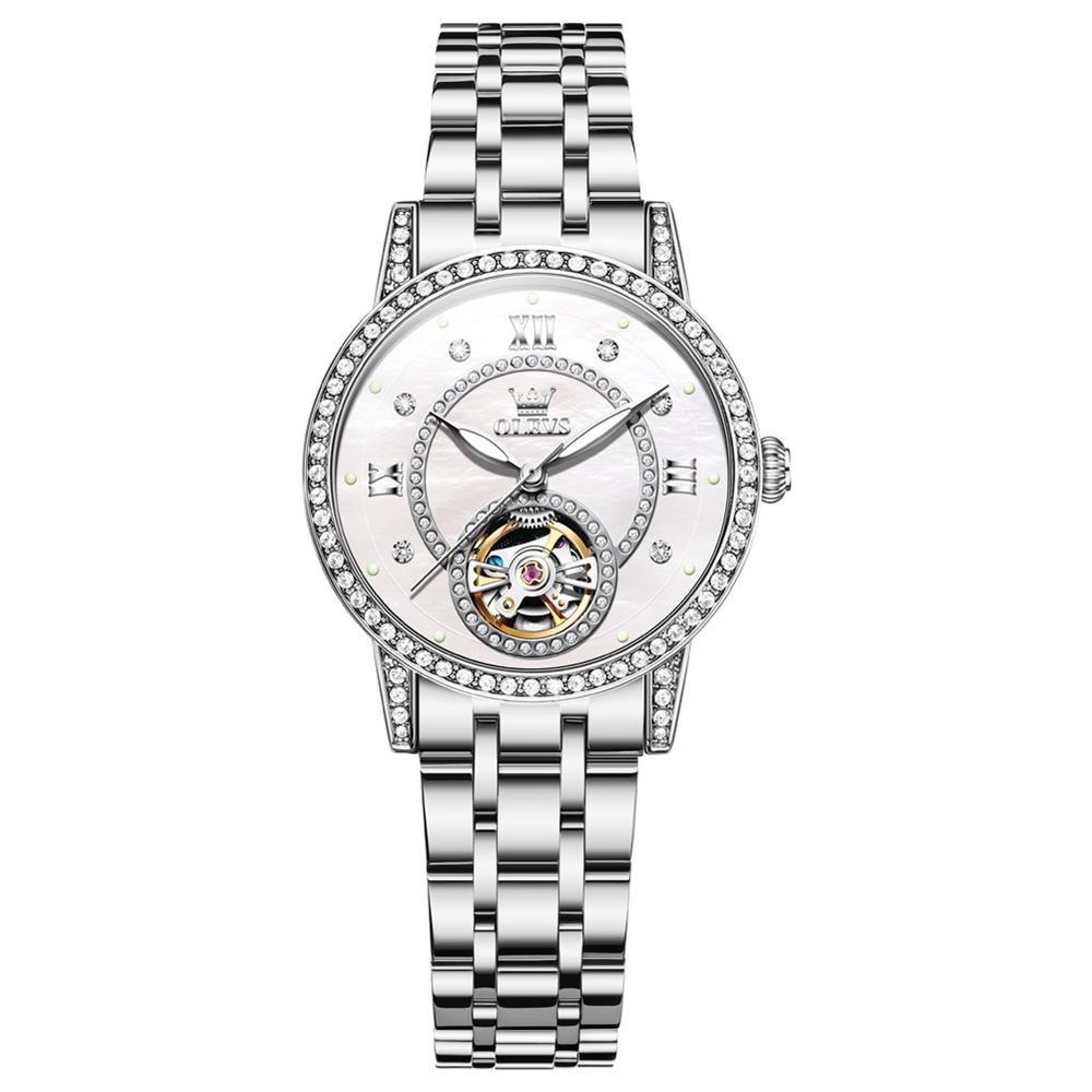 OLEVS 7036 Womens Mechanical Watch Starry Sky Skeleton Dial Luminous Stainless Steel Dress Watch