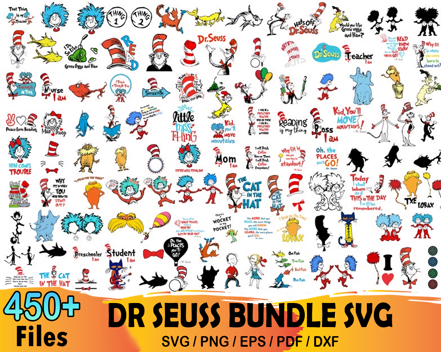 450 Dr Seuss Bundle Svg, Cat In The Hat Svg, Thing 1 Svg | Inspire Uplift