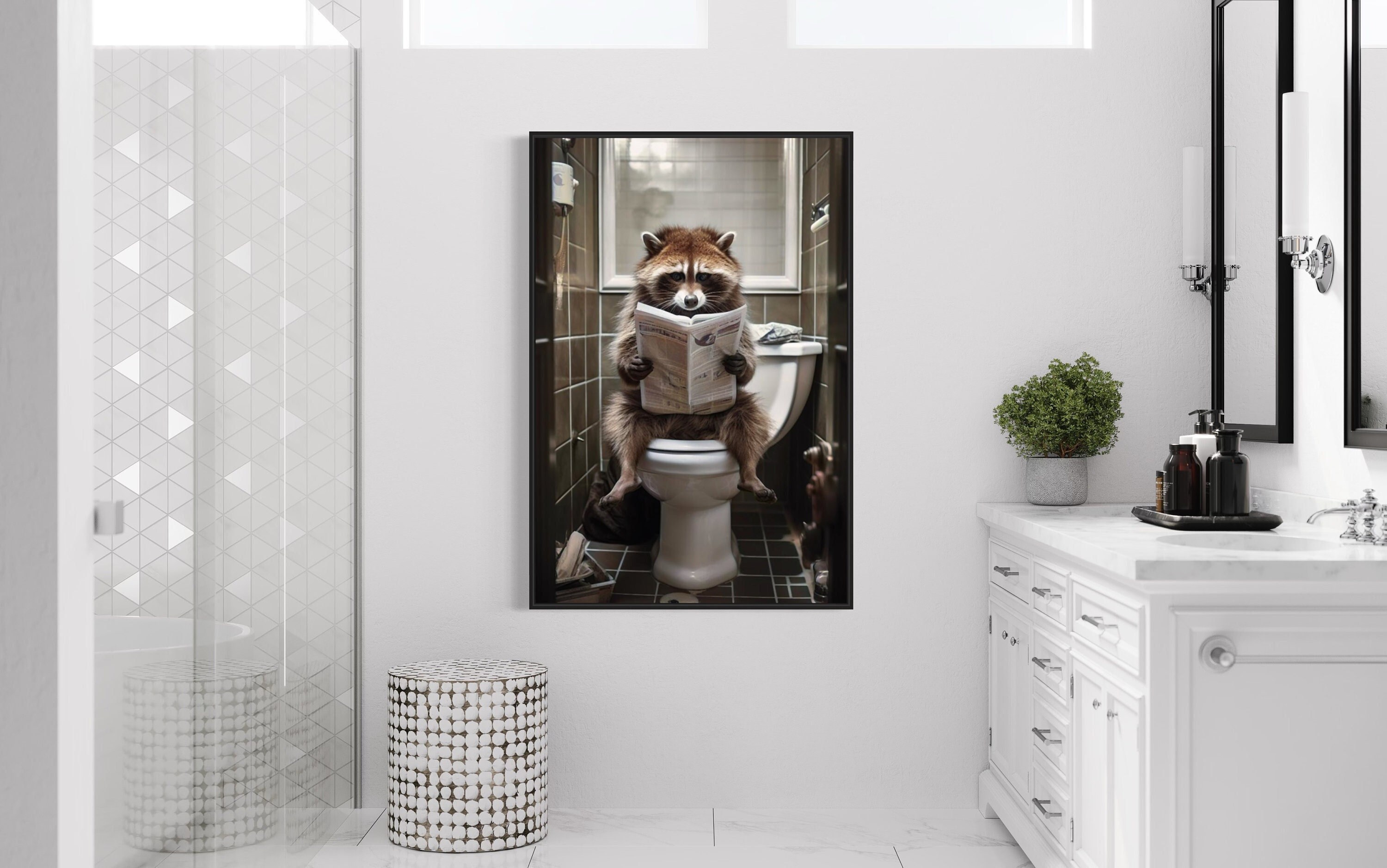Raccoon On The Toilet Reading Newspaper, Funny Bathroom Art, | Inspire ...