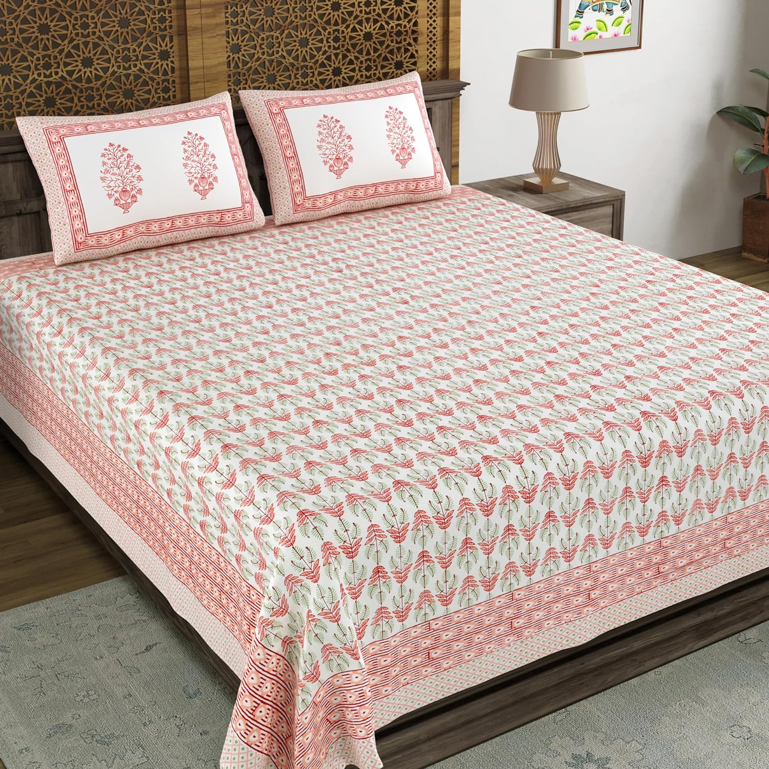 Pink, White Floral Indian Hand Block Print Bedsheet and Pill | Inspire ...