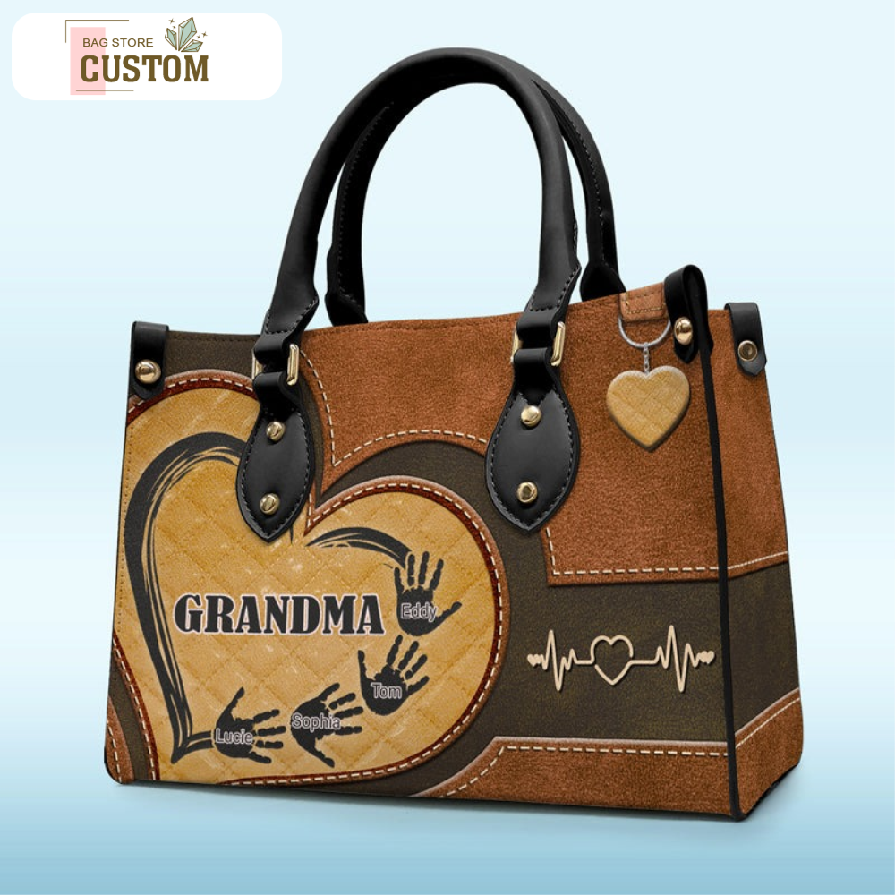 Personalized Grandma PU Leather Handbag with Long Straps - Mother's Day Gift Idea For Grandma/ Mom with up to 5 Kids and 12 Grandkids - God Gifted Me Two Titles Mom and Grandma main image 1