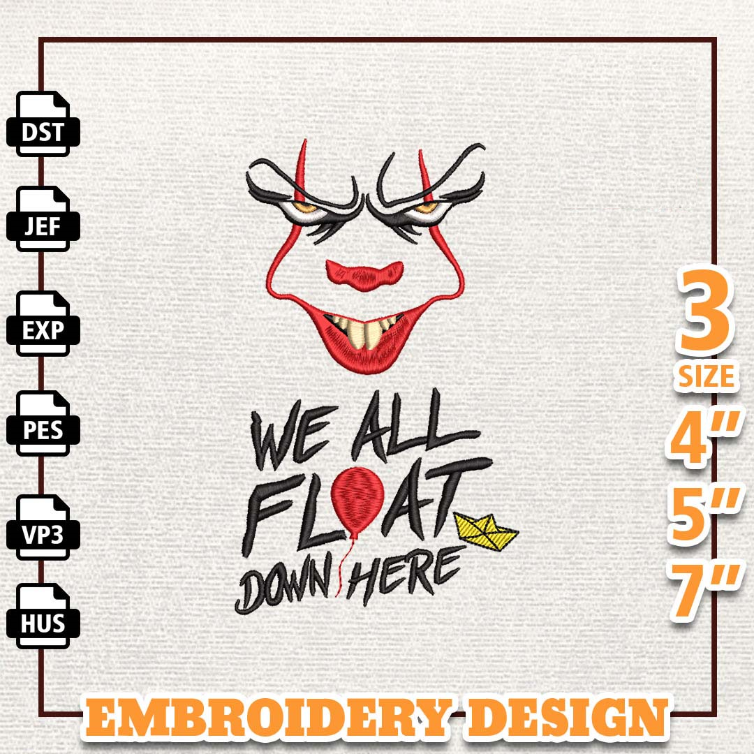 Horror Movie Clown Embroidery Design, We All Float Down Here | Inspire ...