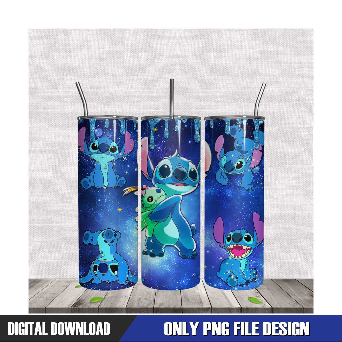 Stitch Blue Sparkle 20oz Skinny Tumbler Wrap PNG | Inspire Uplift