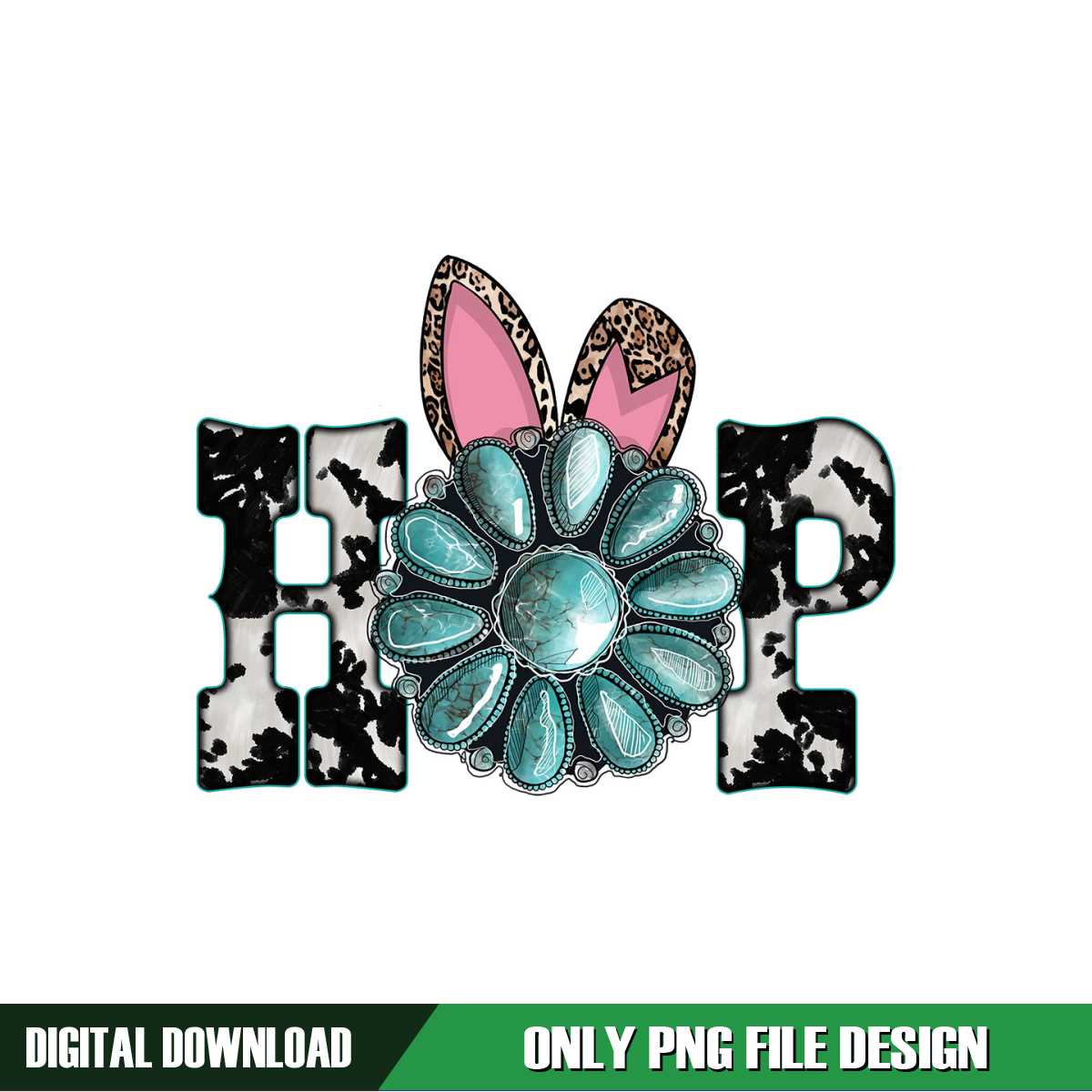 Western Easter Cow Print Bunny Ears Flower Hop PNG | Inspire Uplift