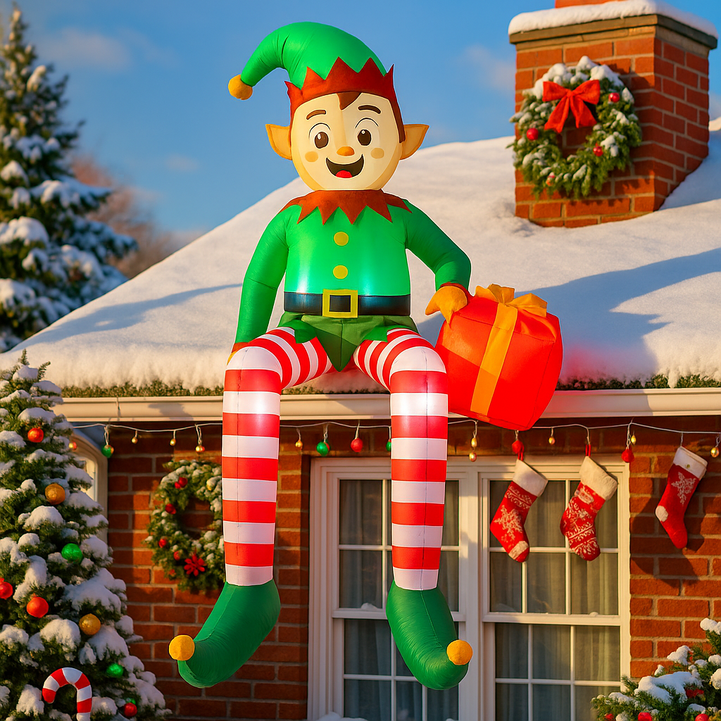Christmas Inflatable Sitting Elf Holding Gift Bag, Holiday DIY Decoration, LED Light Xmas Outdoor Toys Blow Up Decor