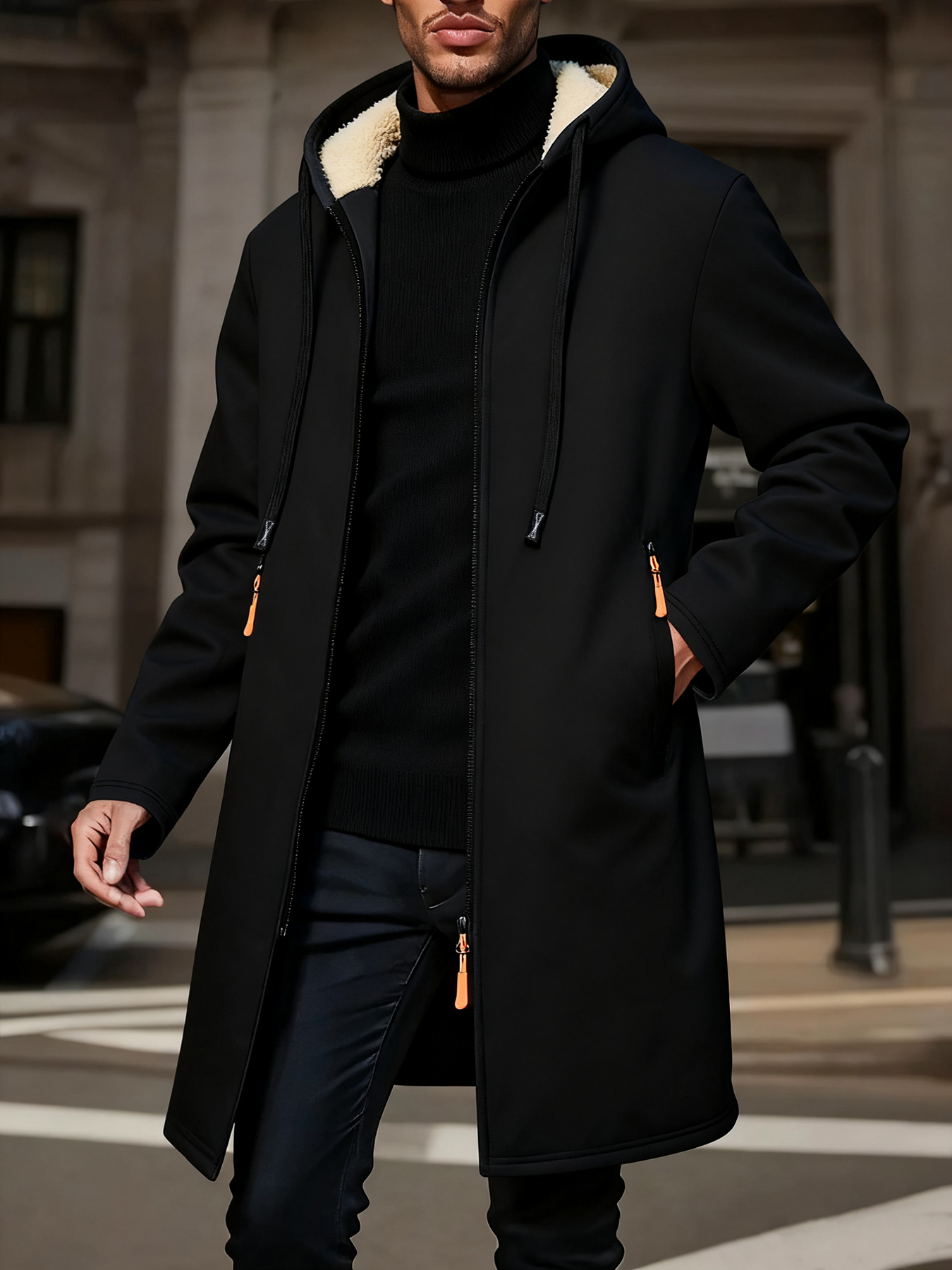 Outdoor Warm Zipper Jacket, Winter Men Thickened Hoodies, Solid Color Long Sleeve Cardigan Overcoat
