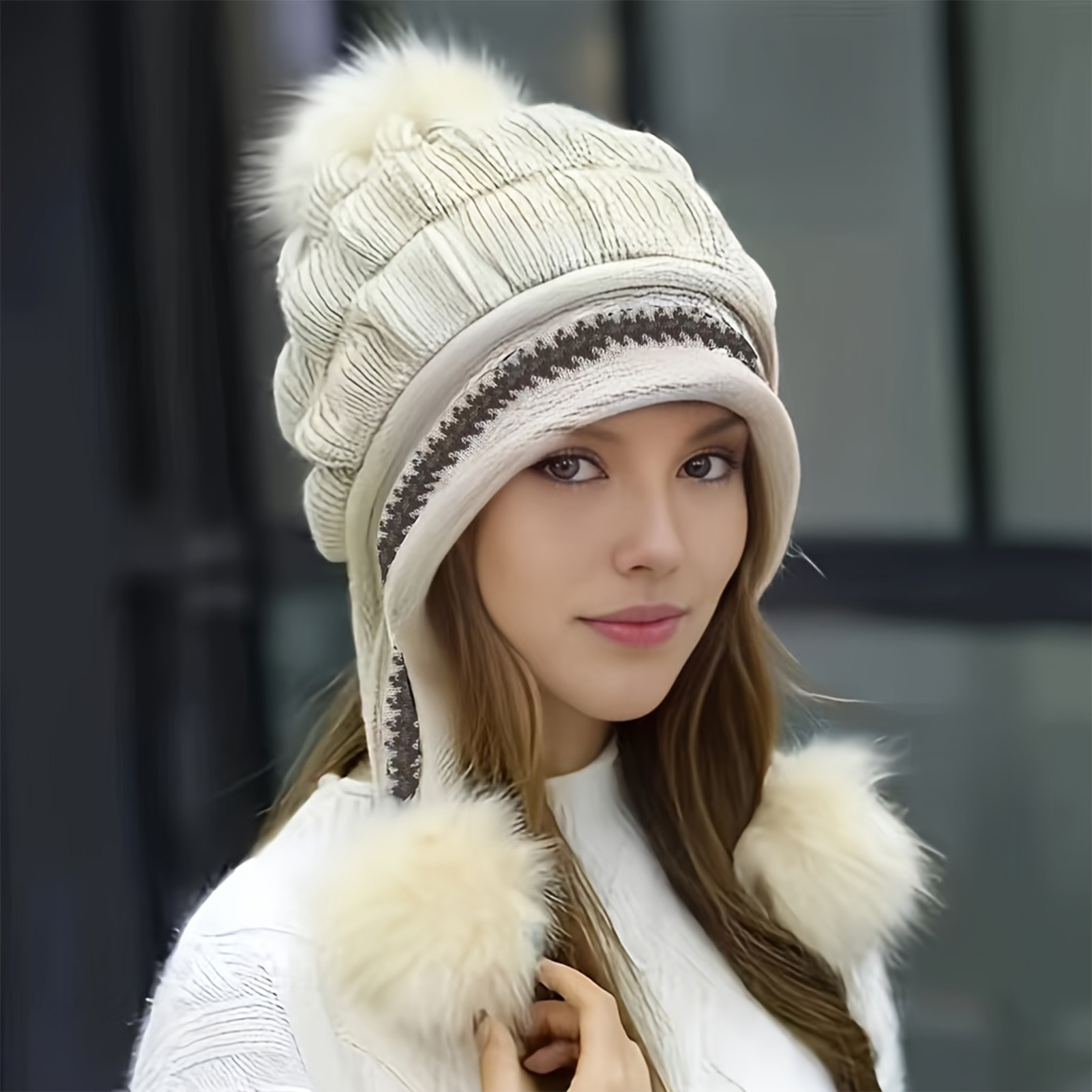 Thick Thermal Cap For Cold Weather, Soft Winter Warm Fur Hat, Knitted Beanie Casual Slouchy Earflap Hat For Women