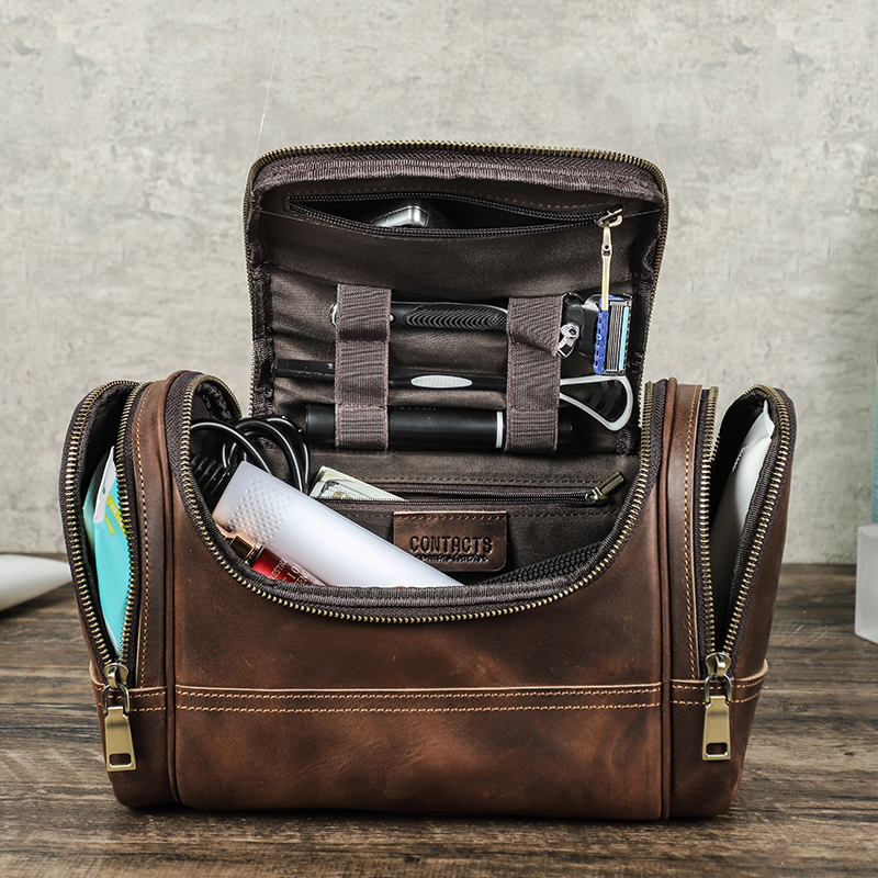 Crazy Horse Leather Business Travel Wash Toiletry Bag, Men's Storage Cosmetics Handbag