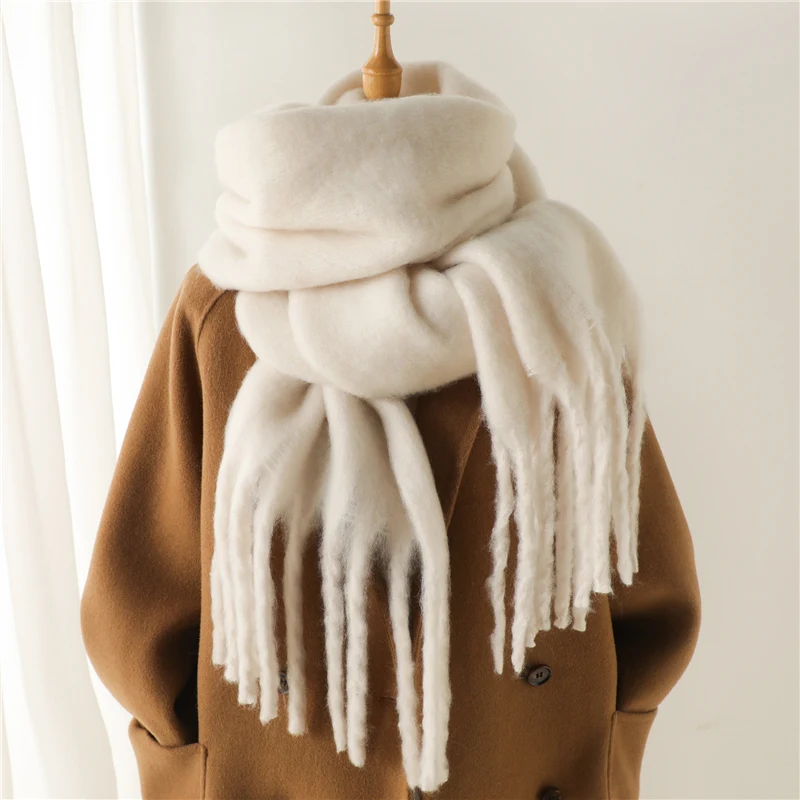 Warm Solid Pashmina Blanket Wraps for Women, Cashmere Scarf with Big Tassel