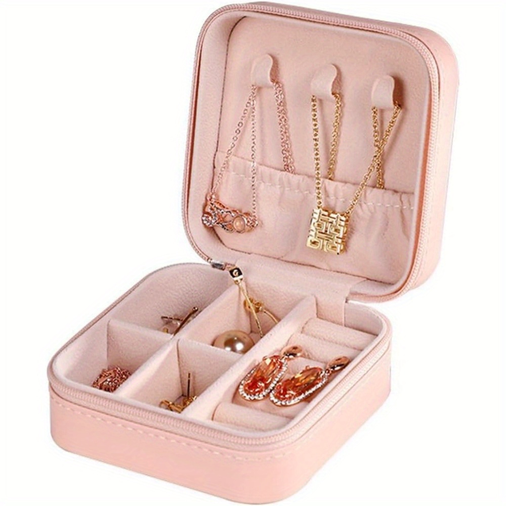 Travel Friendly Storage Box, Pink Synthetic Leather Jewelry Box for Earrings, Necklaces, Rings