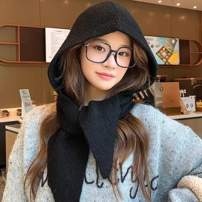 Knitted Hooded Cap, Winter Keep Warm Balaclava Scarf Hats for Outdoor Ski, Cold Hat Women, Thicken Neck Ear Protector