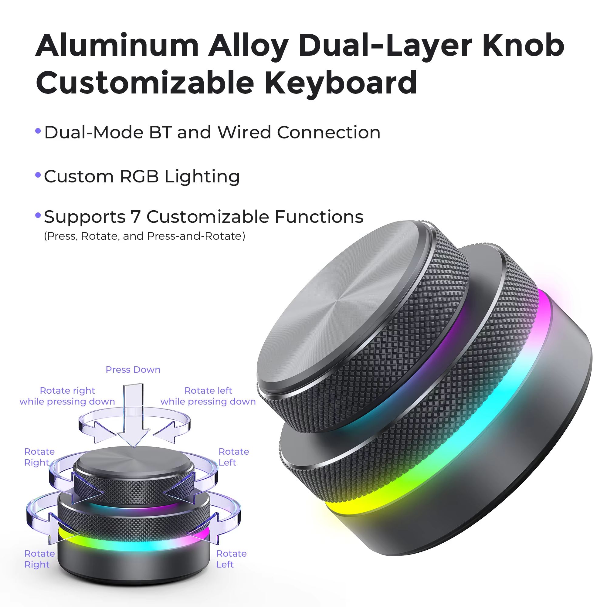 Wireless Custom Keyboard, RGB Dual-Layer Knob, Multimedia Control for Office, Video & Audio Editing