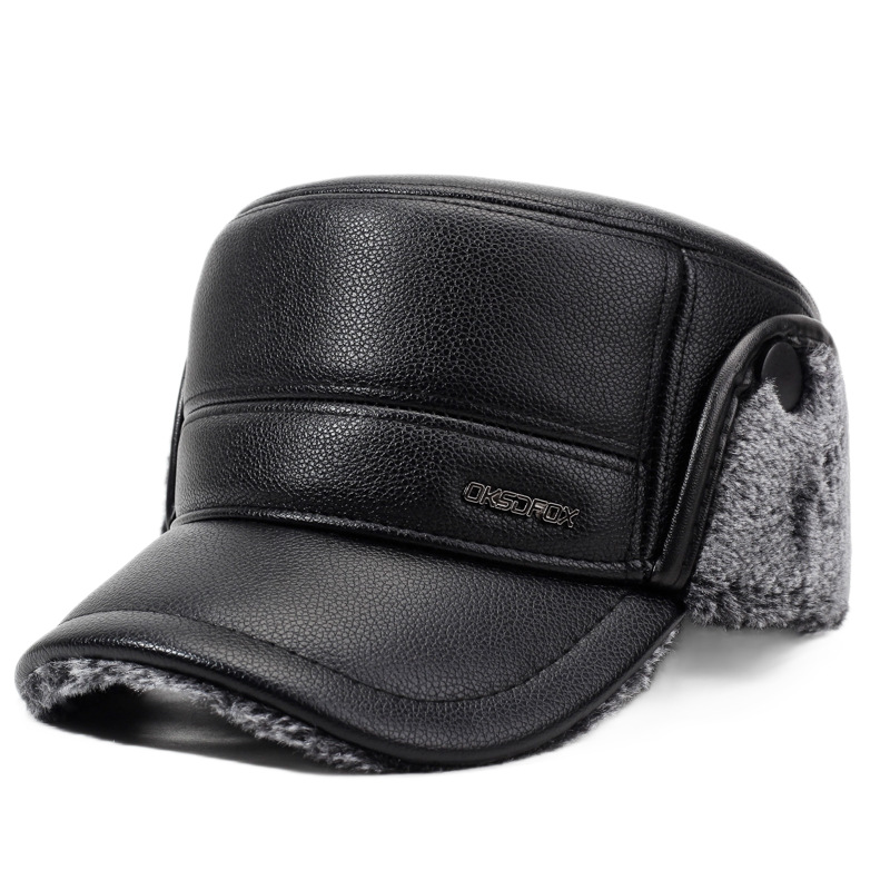 Winter Thickened Fleece-lined Cold Cap, Mens Leather Flat Top Baseball Cap, Warm Ear Hat for Elderly
