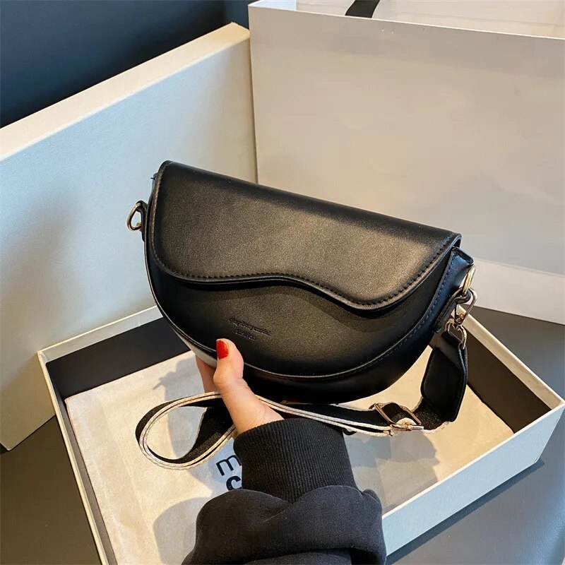Small Saddle Women Vintage Solid Color Flap Underarm Bag Fashion PU Leather Wide Strap Crossbody