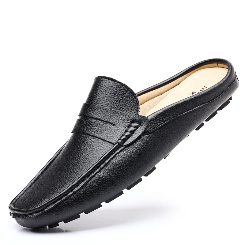 Breathable Casual Leather Slippers for Men, Summer Slip-on Loafers, Comfy Half Shoes