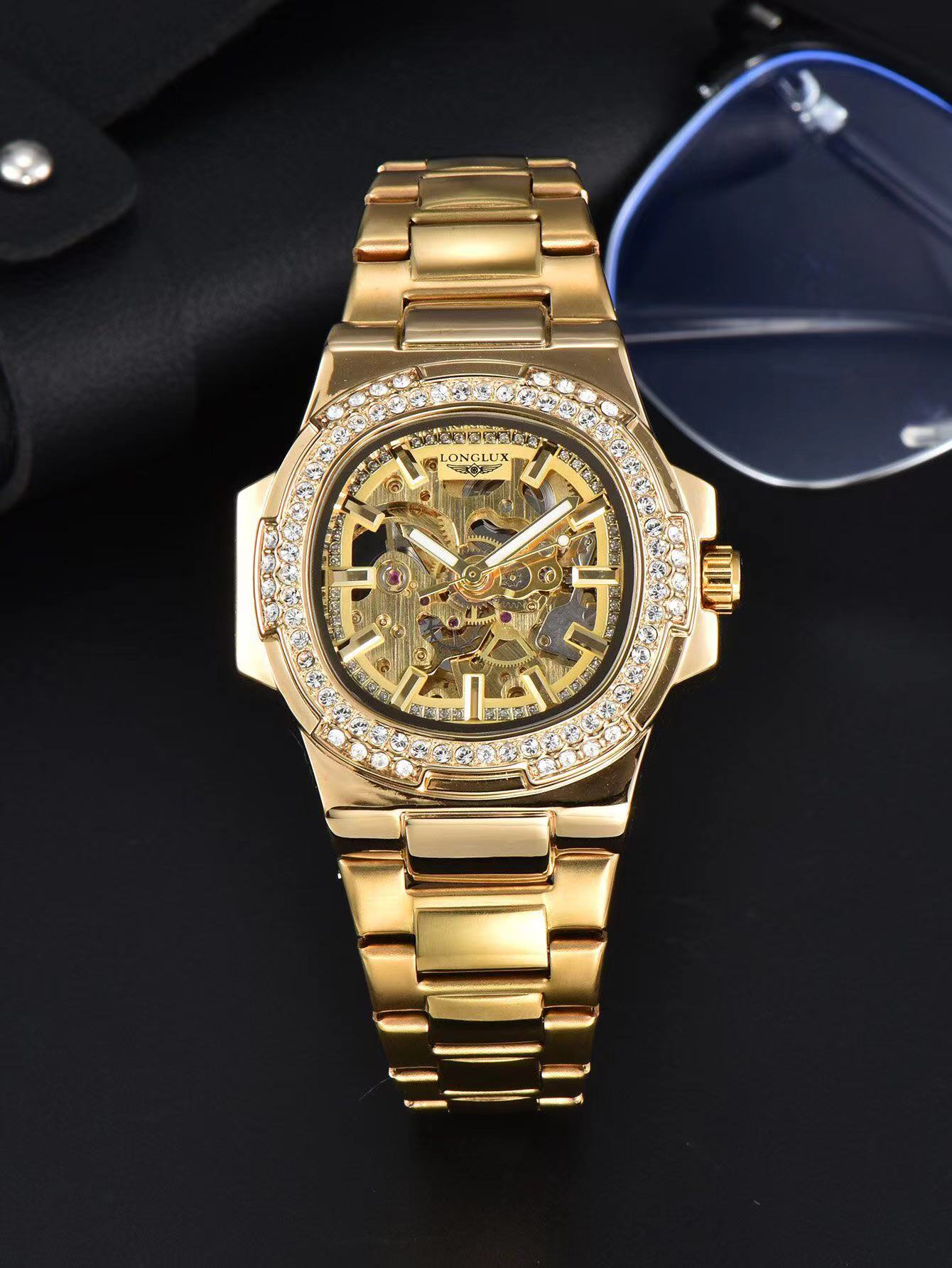 Automatic Man Watch, Luxury Stainless Steel Mechanical Skeleton Waterproof Diamond Watch