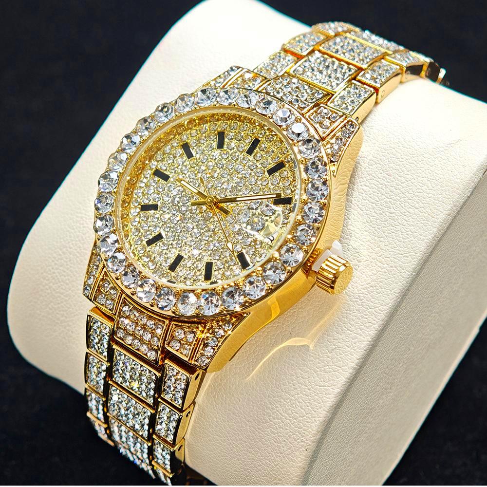 Luxury Stainless Steel Fashion Gold Watches, Elegant Iced Diamond Jewelry, Quartz Wristwatch for Women