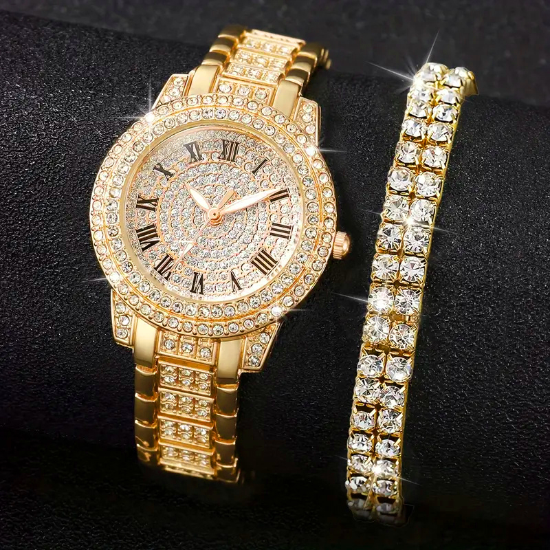 Roman quartz watch with double row diamond bracelet gift set, luxury fashion alloy full diamond