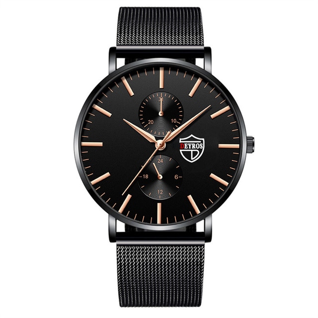 Men Business Casual Quartz Wrist Watch, Luxury Black Stainless Steel Mesh Belt, Ultra Thin Design