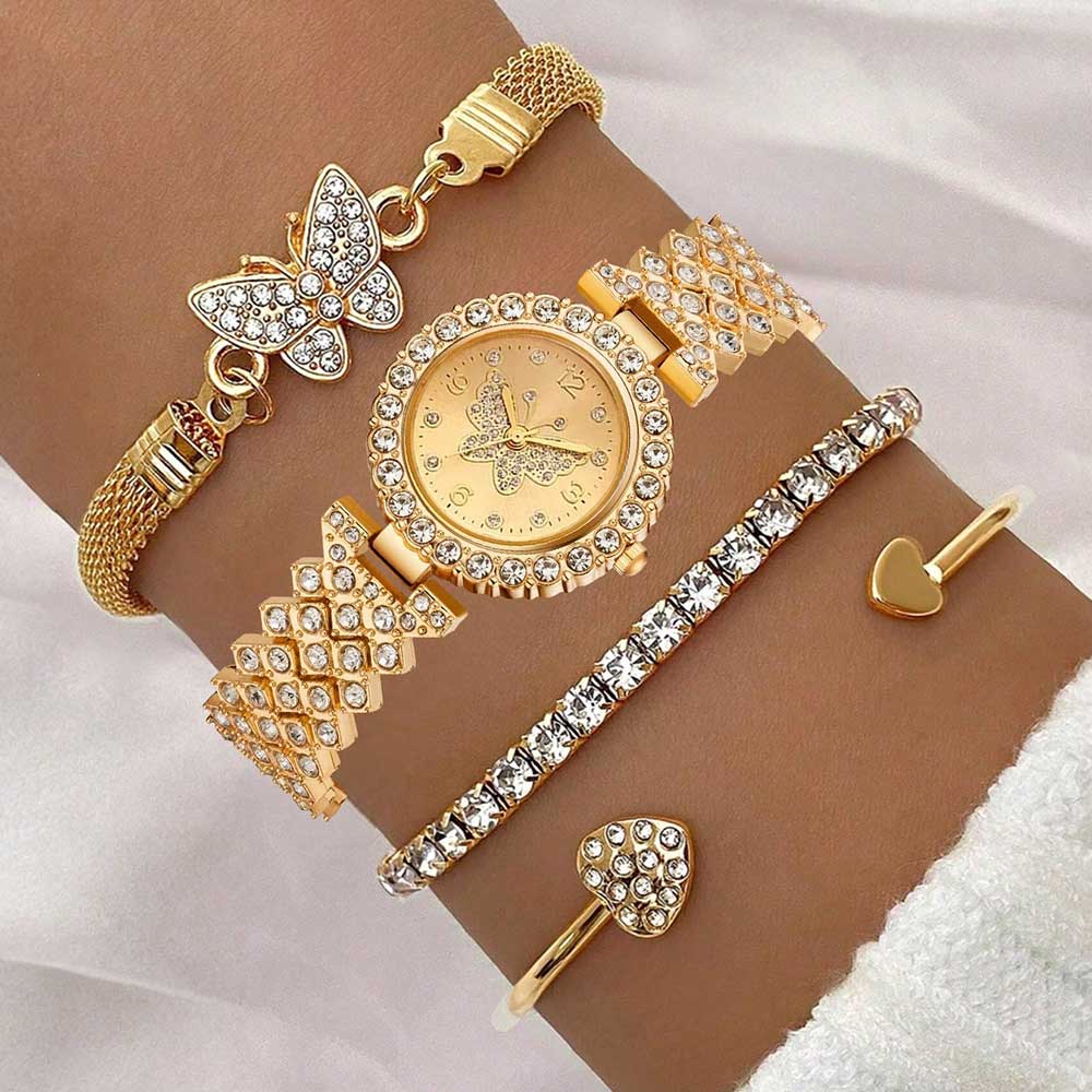 Luxury Women Quartz Watch Bracelet Set with Golden Butterfly Element, Trendy Fashion for Daily Use