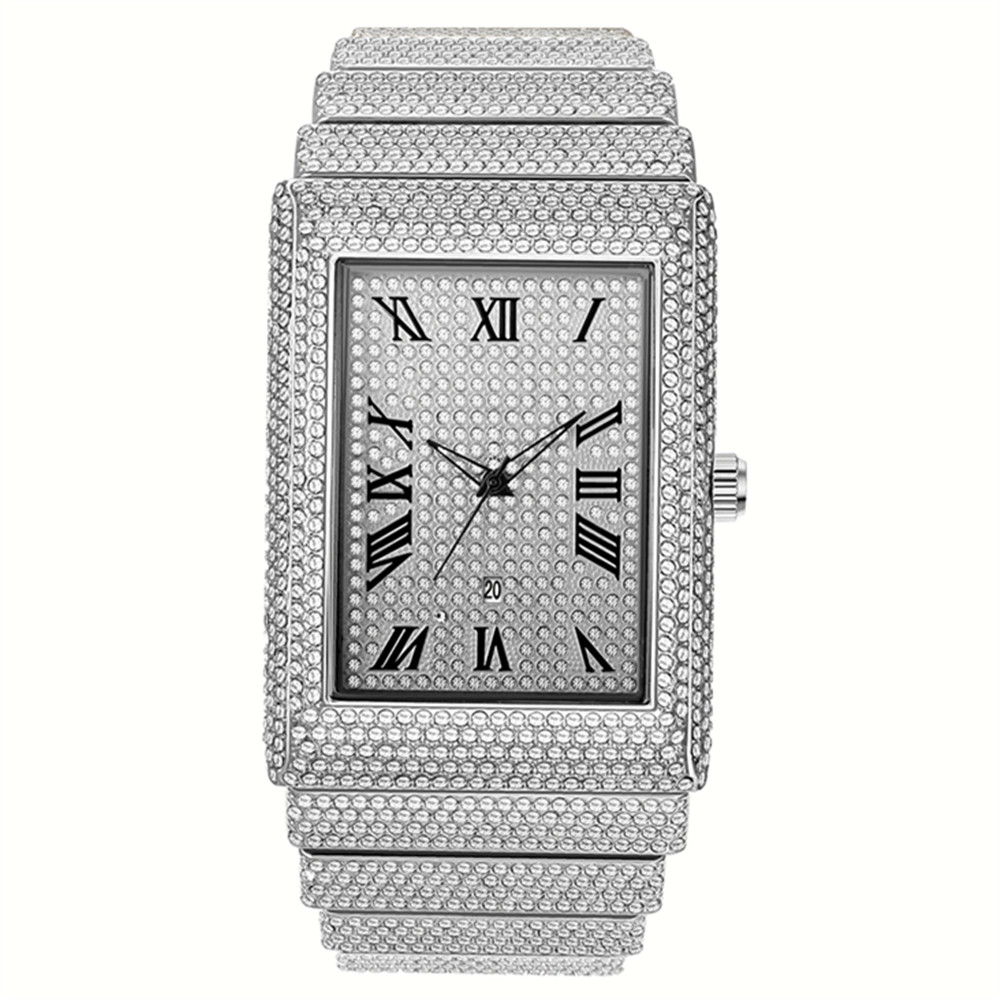 Hip Hop Diamond Golden Rectangular Date Quartz Watch, Famous Original Brand Designer Watches For Men