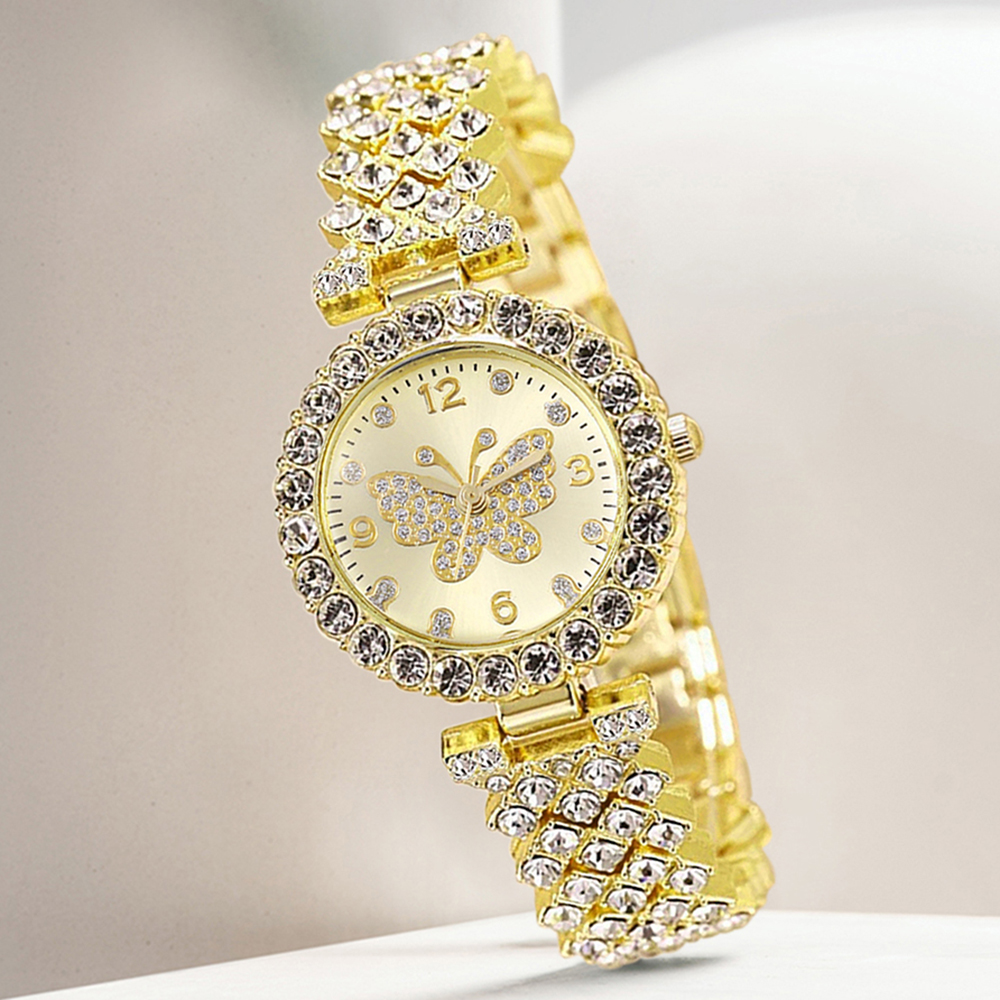 Luxury Women Quartz Watch Bracelet Set with Golden Butterfly Element, Trendy Fashion for Daily Wear