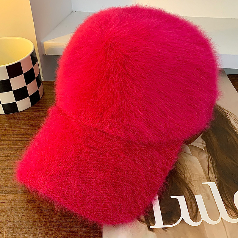 Korean Warm Rabbit Hair Baseball Cap Women, Autumn Winter Solid Color Plush Duck Bill Hat